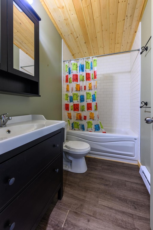 full bathroom with hardwood / wood-style flooring, toilet, baseboard heating, and shower / bath combo with shower curtain