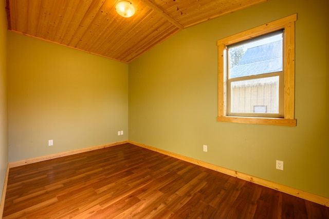 unfurnished room with wood ceiling, vaulted ceiling, and hardwood / wood-style flooring