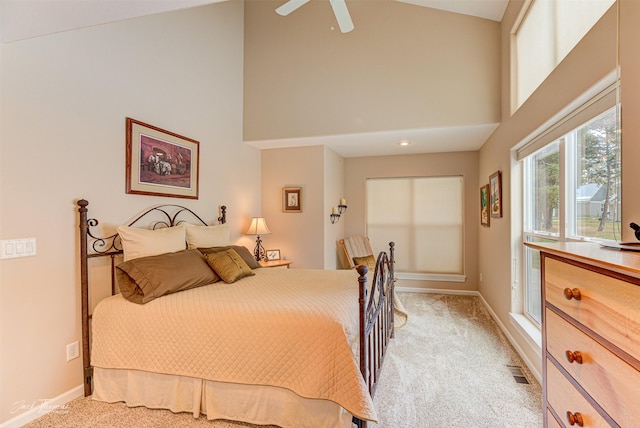 31B Stoney Brook Dr Unit B, Clancy, MT 59634 - bedroom featuring high vaulted ceiling, light carpet, and a ceiling fan