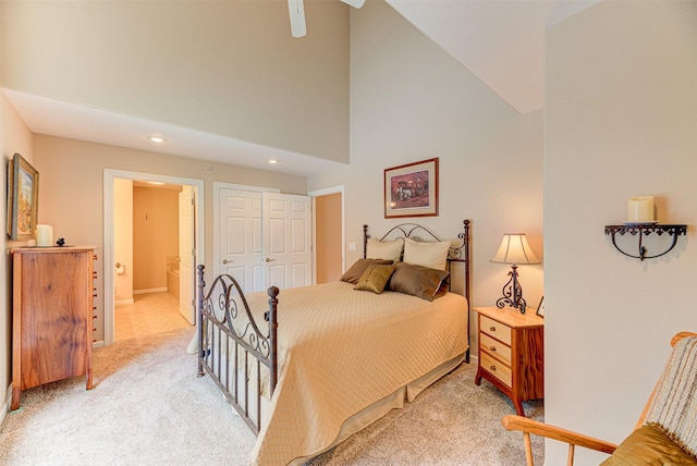 31B Stoney Brook Dr Unit B, Clancy, MT 59634 - bedroom with light carpet, ensuite bathroom, recessed lighting, high vaulted ceiling, and a ceiling fan