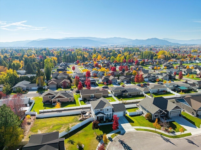 bird's eye view featuring a residential view and a mountain view