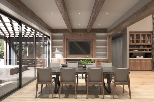 dining space featuring beam ceiling and light hardwood / wood-style flooring