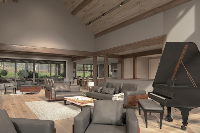 living room featuring wood ceiling, high vaulted ceiling, and light hardwood / wood-style flooring