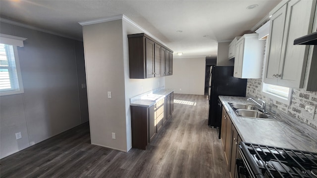 kitchen with dark hardwood / wood-style flooring, ornamental molding, dark brown cabinets, sink, and white cabinets