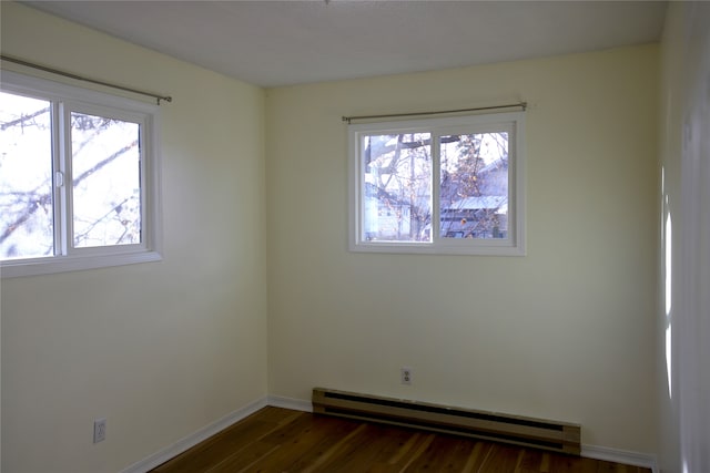 empty room with dark wood-type flooring and a baseboard heating unit