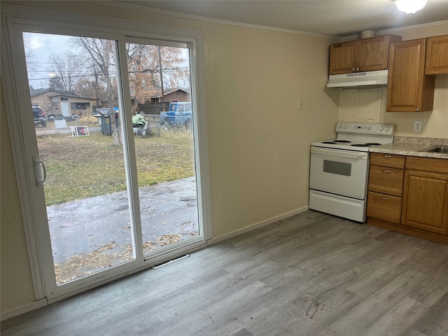 kitchen featuring white range with electric stovetop, light wood-type flooring, and ornamental molding