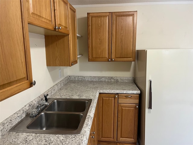 kitchen with white refrigerator and sink