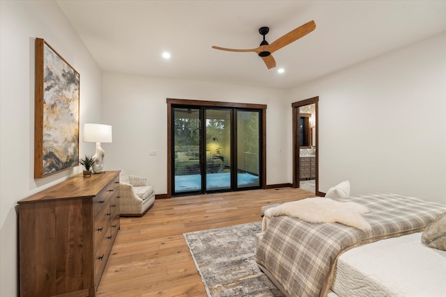 bedroom with ceiling fan, light hardwood / wood-style floors, and access to exterior