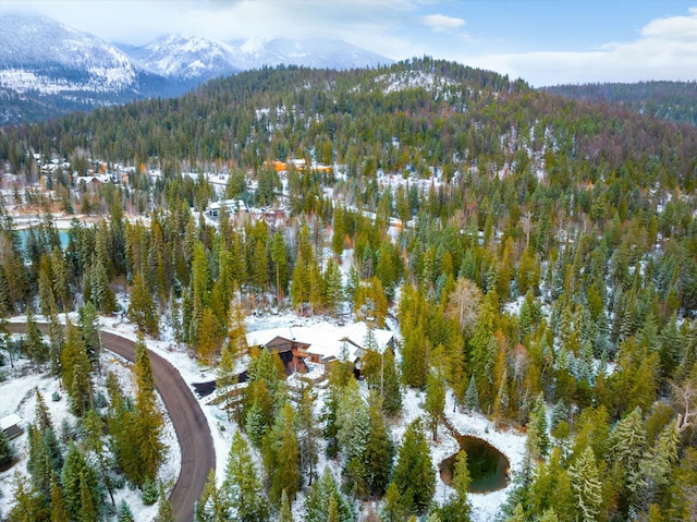 snowy aerial view with a mountain view