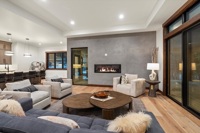 living room with light hardwood / wood-style flooring and sink