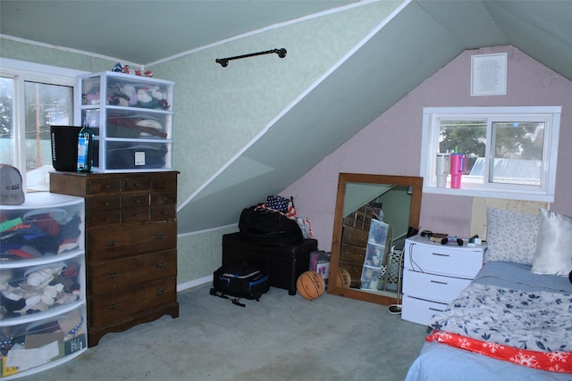 bedroom with carpet flooring and vaulted ceiling