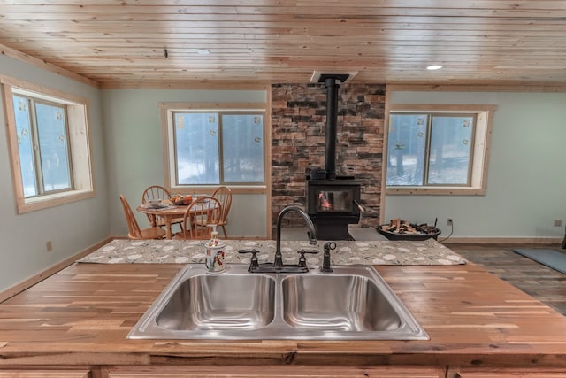 kitchen featuring hardwood / wood-style floors, a wood stove, sink, and wood ceiling