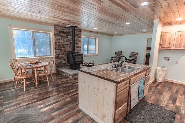 kitchen featuring light brown cabinets, a wood stove, wooden ceiling, sink, and dark hardwood / wood-style flooring