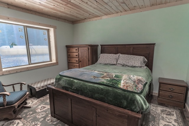 bedroom with wood-type flooring and wood ceiling