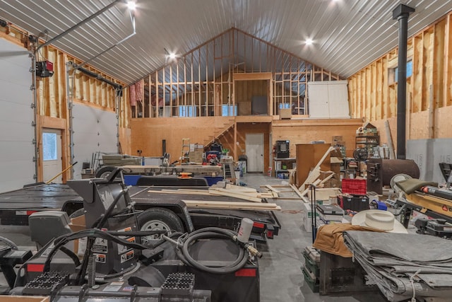 garage with a workshop area