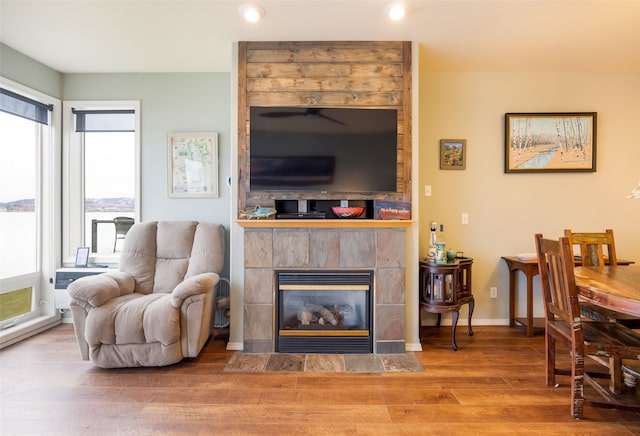 living room with a tile fireplace and hardwood / wood-style flooring