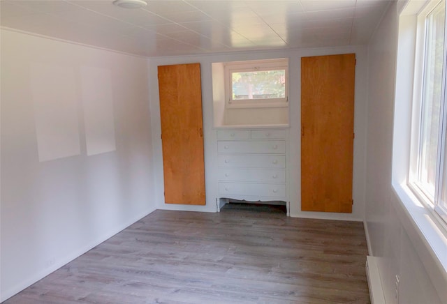 empty room with baseboard heating and light wood-type flooring