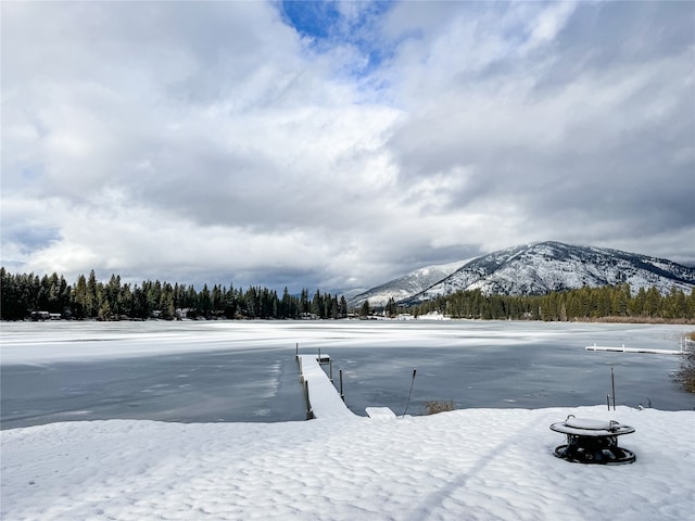 yard covered in snow with a mountain view