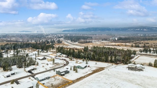 snowy aerial view with a mountain view