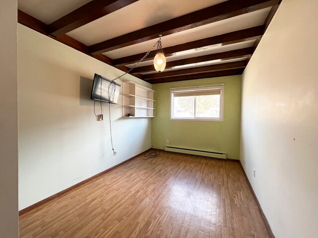 unfurnished room featuring beam ceiling, hardwood / wood-style flooring, and a baseboard heating unit