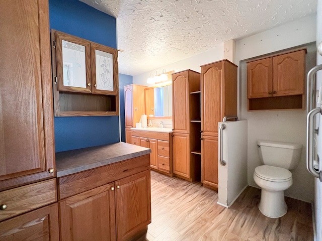 bathroom featuring vanity, wood-type flooring, a textured ceiling, and toilet