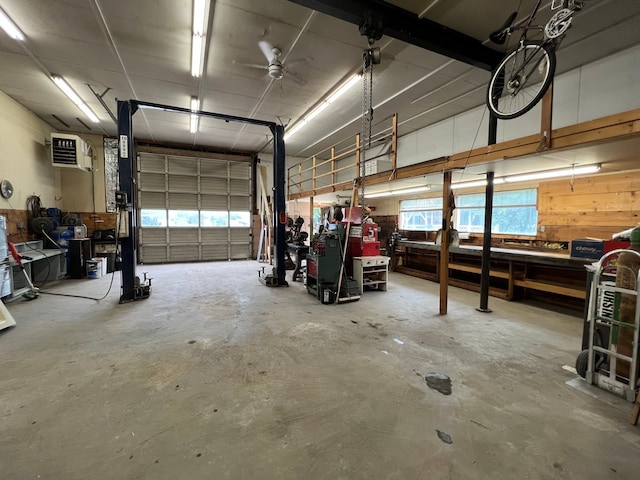 garage with a workshop area