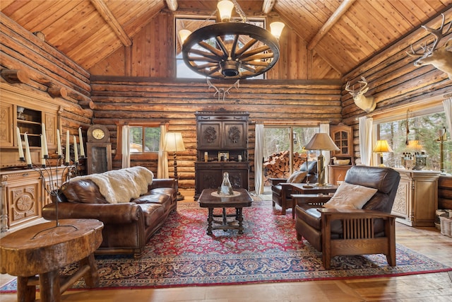 living room with wood-type flooring, wooden ceiling, high vaulted ceiling, and a healthy amount of sunlight