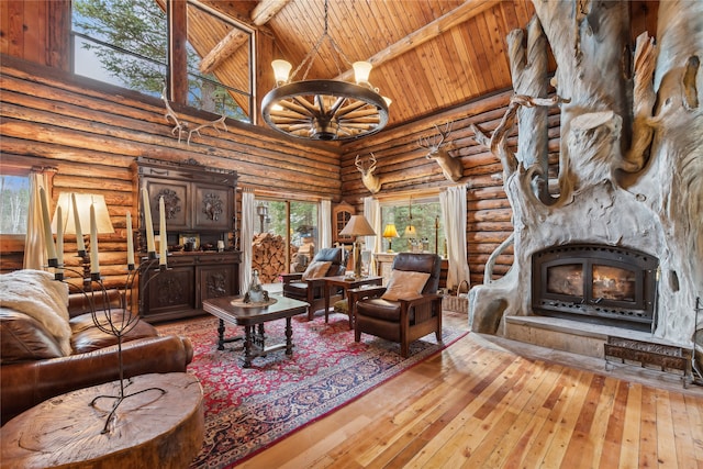 living room featuring wooden ceiling, high vaulted ceiling, beamed ceiling, a notable chandelier, and hardwood / wood-style floors