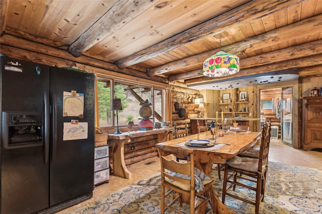 dining room with log walls, beam ceiling, and wood ceiling