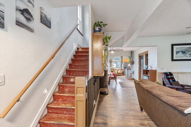 stairway with hardwood / wood-style floors