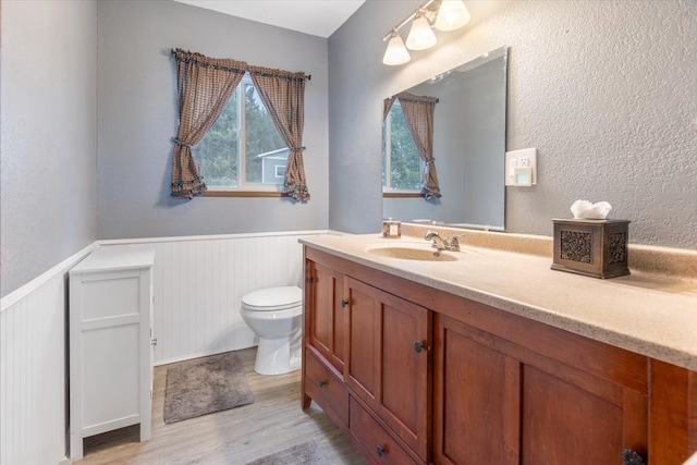 bathroom with hardwood / wood-style floors, vanity, and toilet