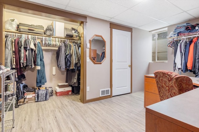 walk in closet featuring light wood-type flooring and a paneled ceiling