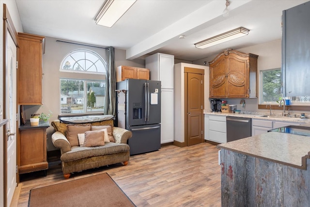 kitchen featuring a healthy amount of sunlight, stainless steel appliances, and light wood-type flooring