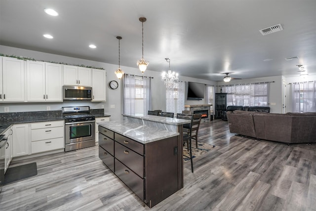126 Moes Run, Kalispell, MT 59901 - kitchen with a healthy amount of sunlight, appliances with stainless steel finishes, a kitchen bar, and visible vents