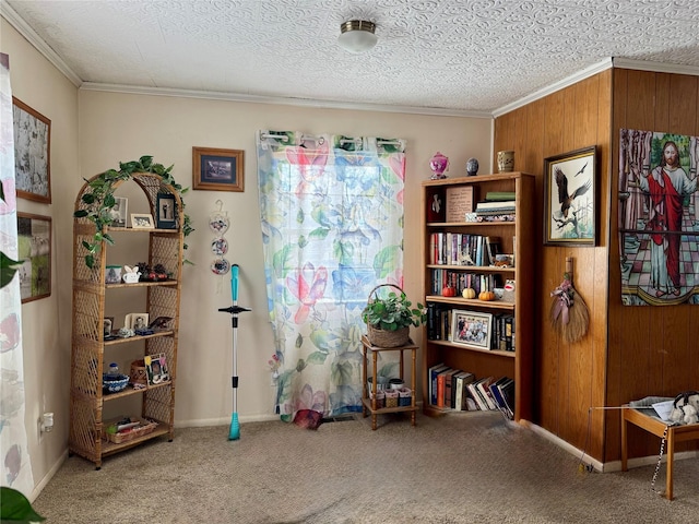 misc room featuring carpet flooring, wooden walls, and ornamental molding