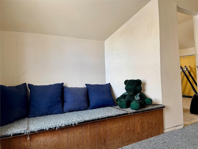 interior space featuring carpet and vaulted ceiling