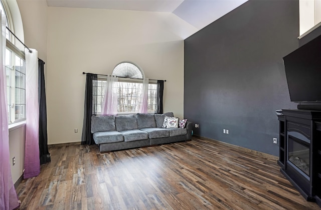 6720 Prairie Schooner Ln, Missoula, MT 59808 - living area featuring high vaulted ceiling and wood finished floors