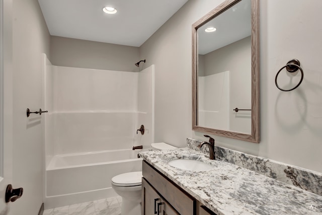 full bathroom with shower / tub combination, vanity, and toilet