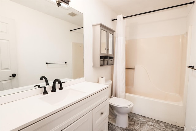 full bathroom with shower / bath combination with curtain, visible vents, vanity, and toilet