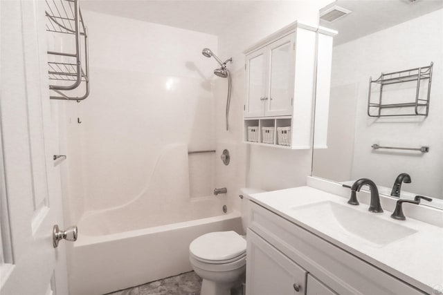 full bathroom featuring bathtub / shower combination, visible vents, vanity, and toilet