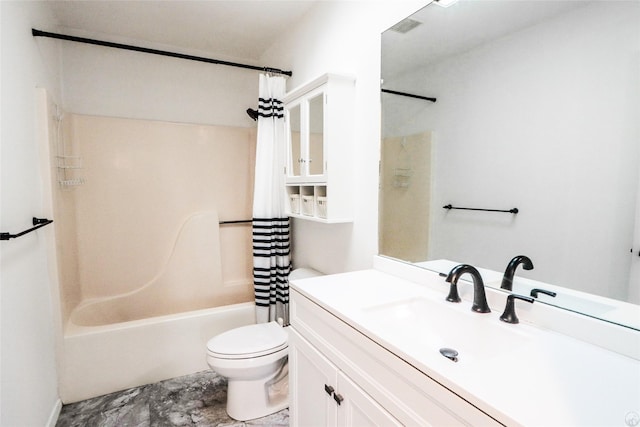 bathroom with visible vents, vanity, shower / bath combo with shower curtain, and toilet