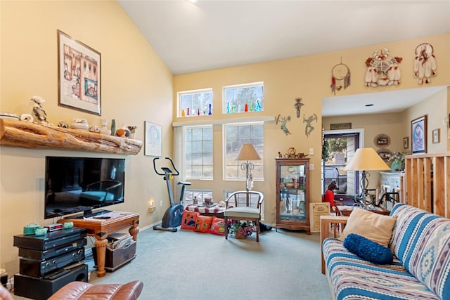 game room with carpet, a healthy amount of sunlight, and high vaulted ceiling