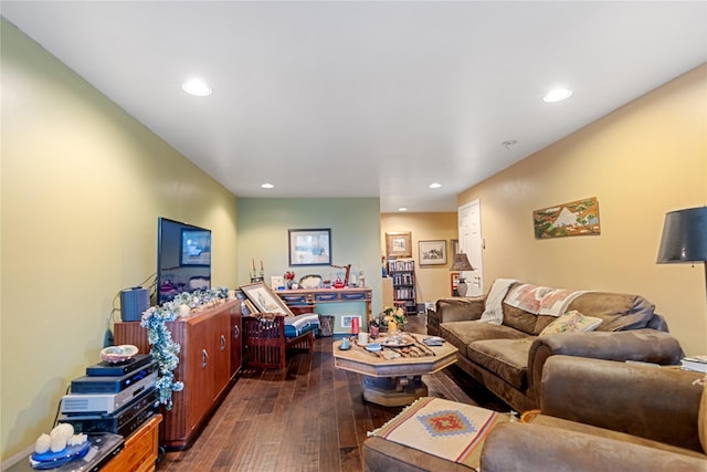 living room with dark hardwood / wood-style flooring