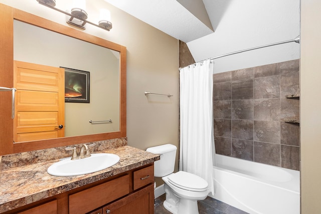 full bathroom with shower / bathtub combination with curtain, tile patterned floors, vanity, toilet, and vaulted ceiling