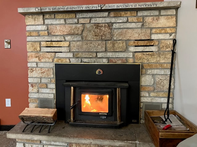 interior details with a wood stove