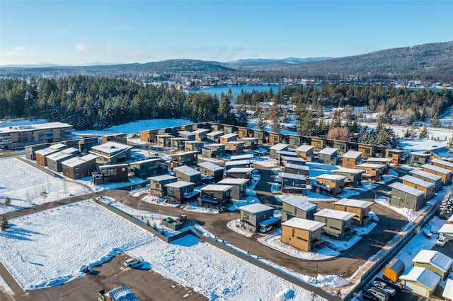 snowy aerial view with a mountain view