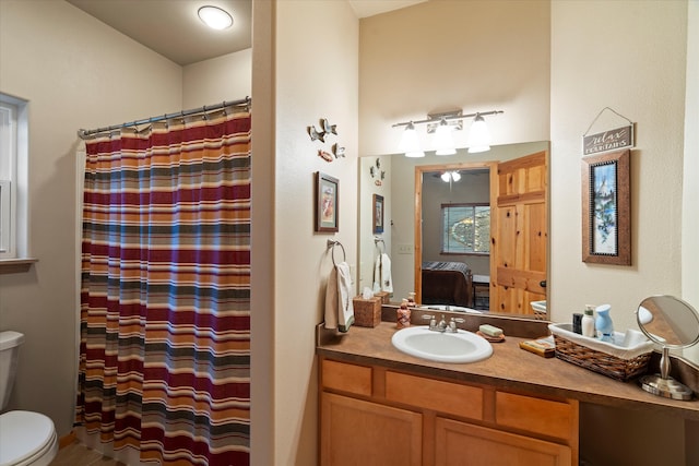 bathroom with vanity, curtained shower, and toilet