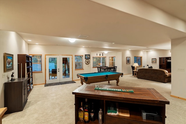 playroom featuring french doors, light colored carpet, and pool table