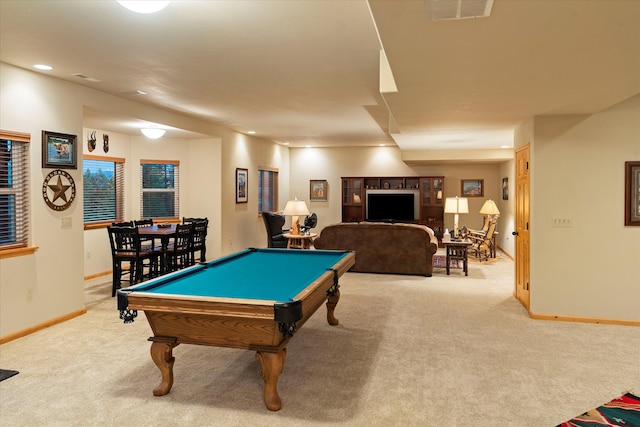 playroom with light carpet and billiards