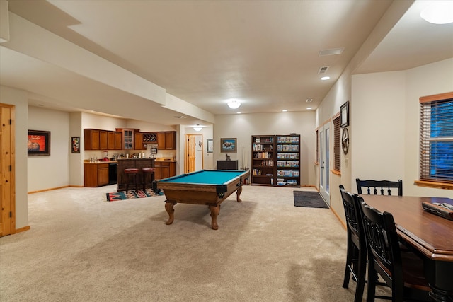 playroom with bar, light colored carpet, and billiards